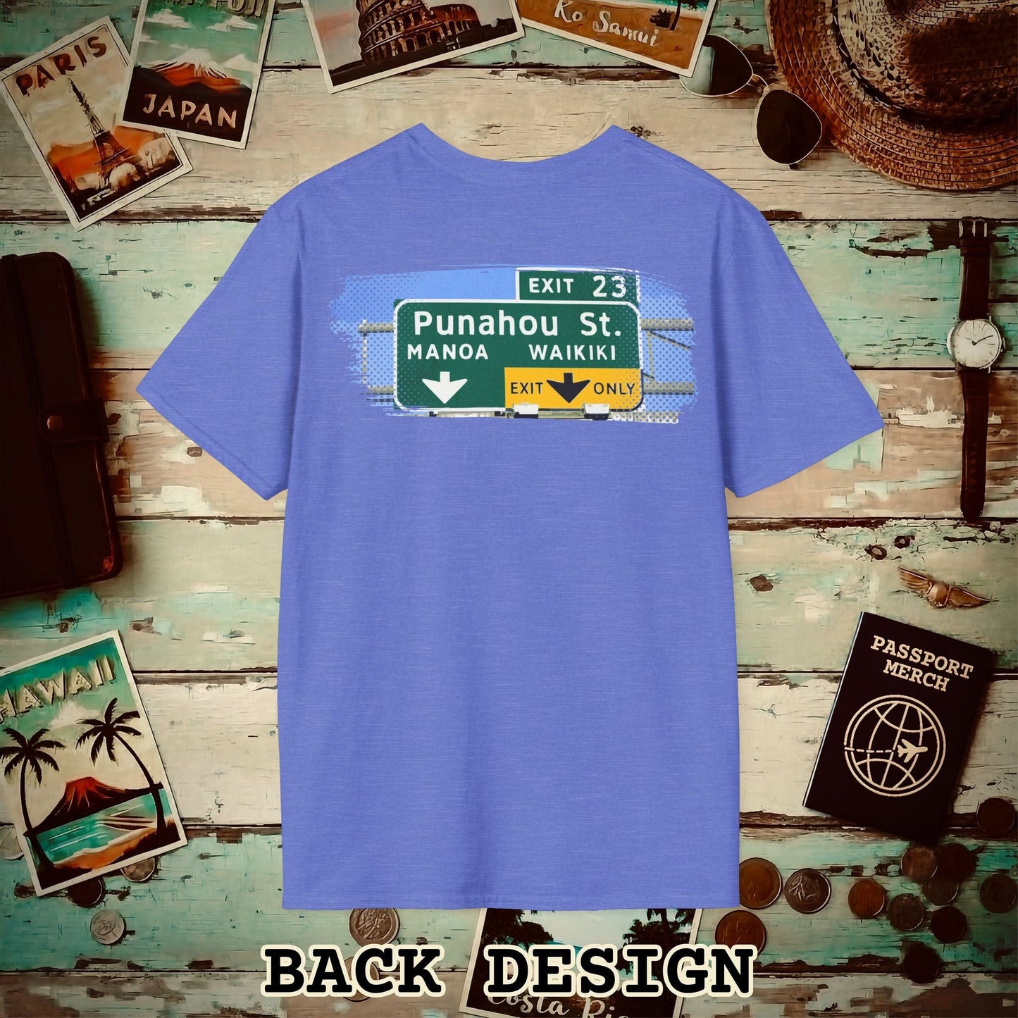 Signs of Wanderlust, Waikiki, Exit Only, Hawaii Back Print T-Shirt Heather Royal / S