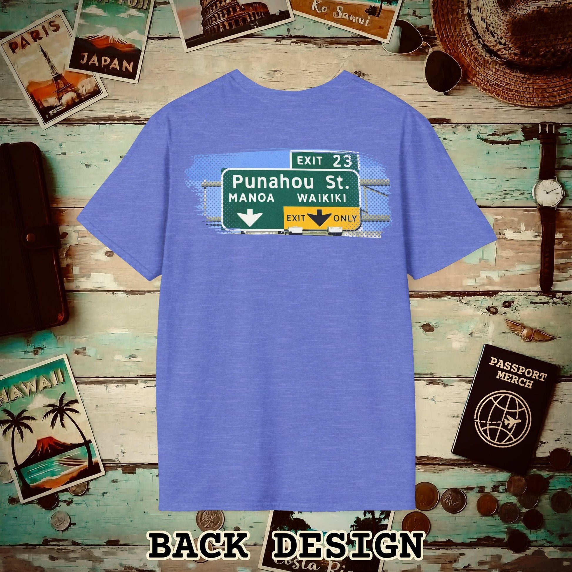 Signs of Wanderlust, Waikiki, Exit Only, Hawaii Back Print T-Shirt Heather Royal / S