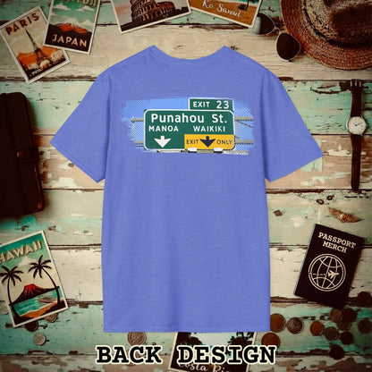 Signs of Wanderlust, Waikiki, Exit Only, Hawaii Back Print T-Shirt Heather Royal / S