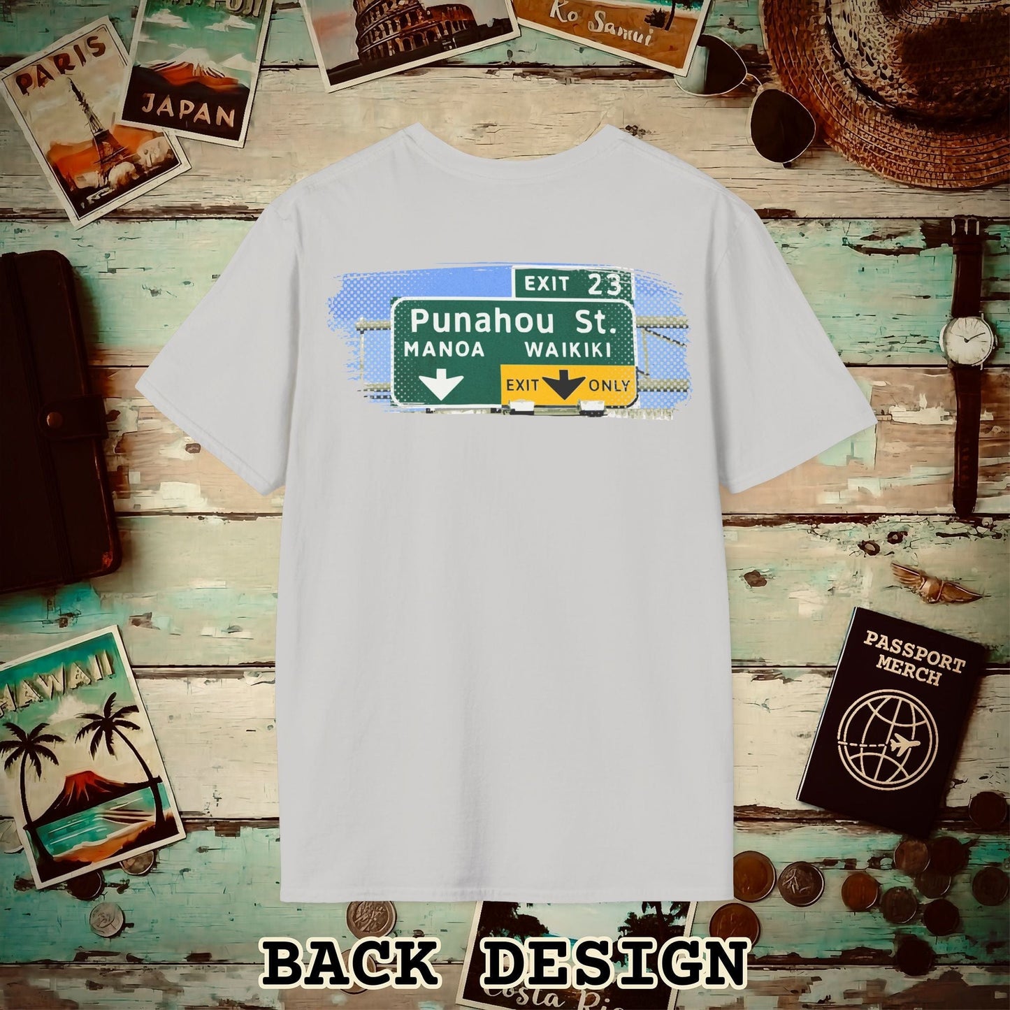 Signs of Wanderlust, Waikiki, Exit Only, Hawaii Back Print T-Shirt Ice Grey / S