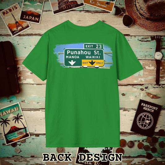 Signs of Wanderlust, Waikiki, Exit Only, Hawaii Back Print T-Shirt Irish Green / S