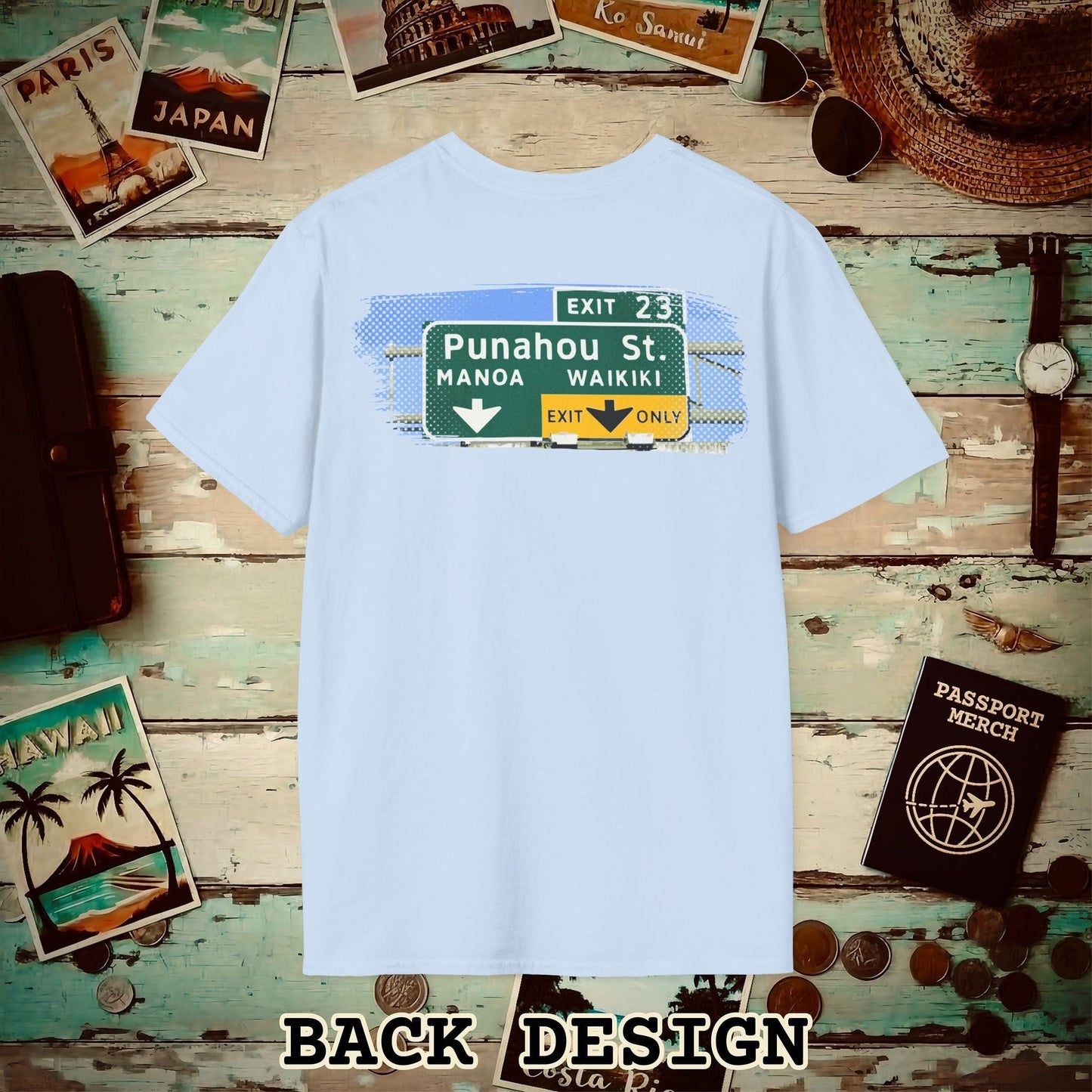 Signs of Wanderlust, Waikiki, Exit Only, Hawaii Back Print T-Shirt Light Blue / S