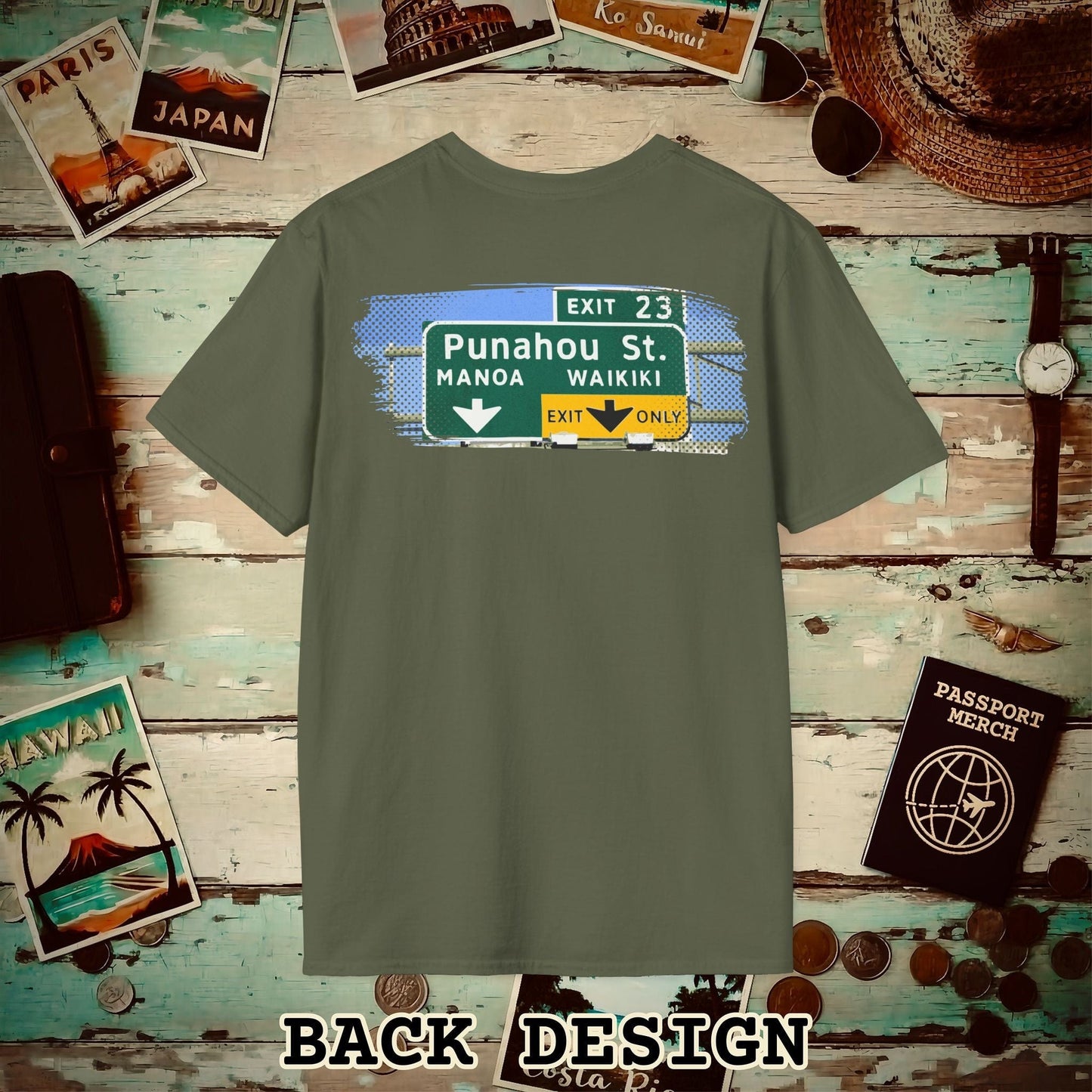 Signs of Wanderlust, Waikiki, Exit Only, Hawaii Back Print T-Shirt Military Green / S