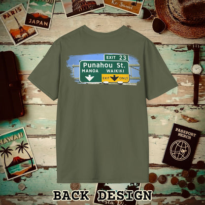 Signs of Wanderlust, Waikiki, Exit Only, Hawaii Back Print T-Shirt Military Green / S