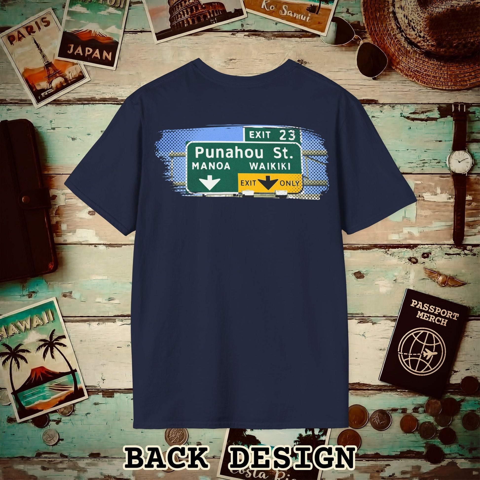 Signs of Wanderlust, Waikiki, Exit Only, Hawaii Back Print T-Shirt Navy / S
