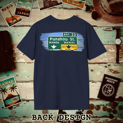 Signs of Wanderlust, Waikiki, Exit Only, Hawaii Back Print T-Shirt Navy / S
