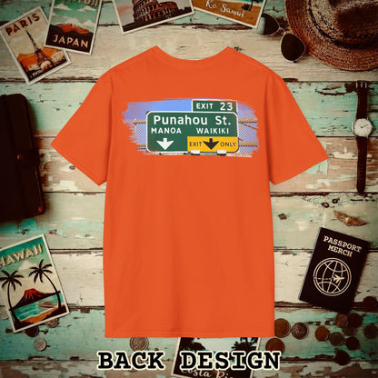 Signs of Wanderlust, Waikiki, Exit Only, Hawaii Back Print T-Shirt Orange / S