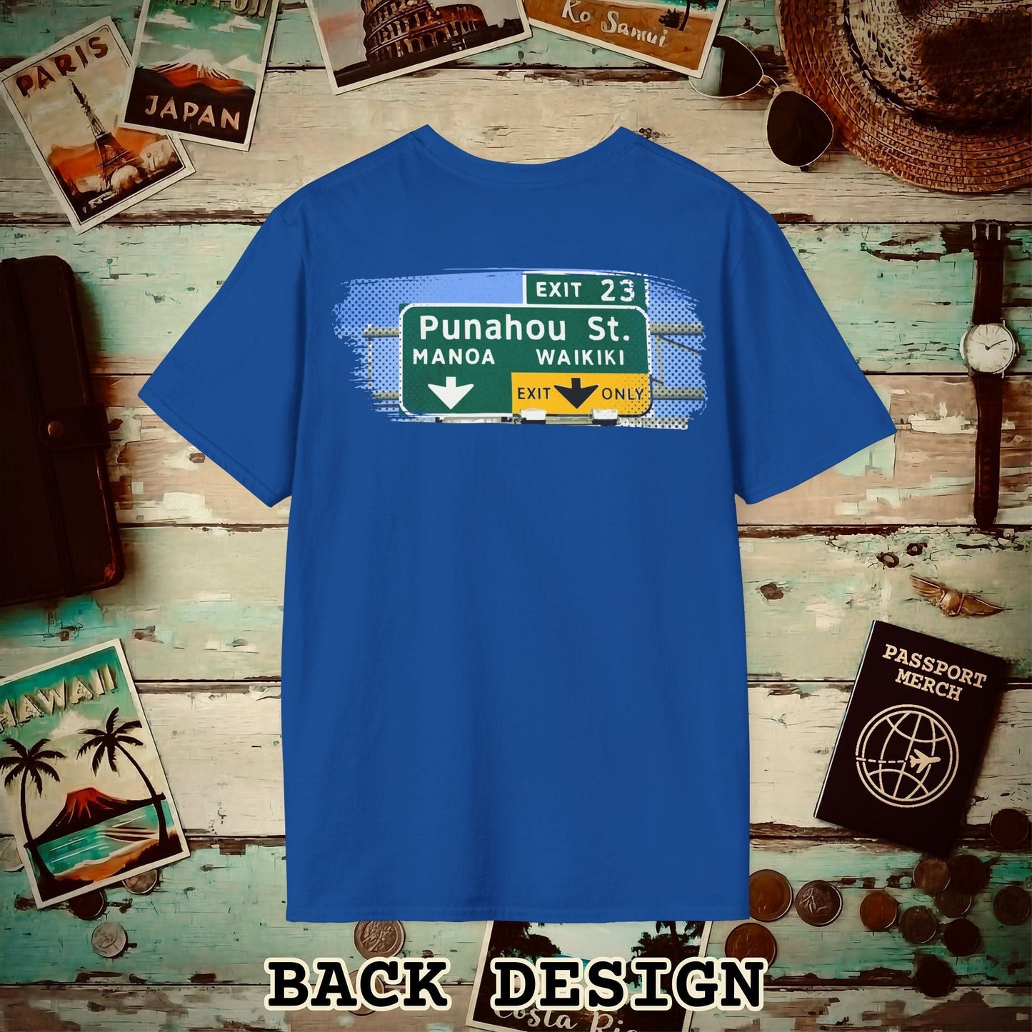 Signs of Wanderlust, Waikiki, Exit Only, Hawaii Back Print T-Shirt Royal / S