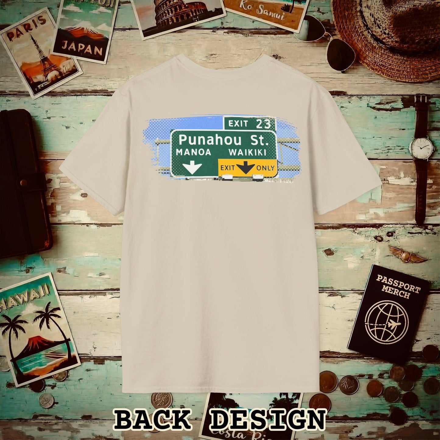 Signs of Wanderlust, Waikiki, Exit Only, Hawaii Back Print T-Shirt Sand / S