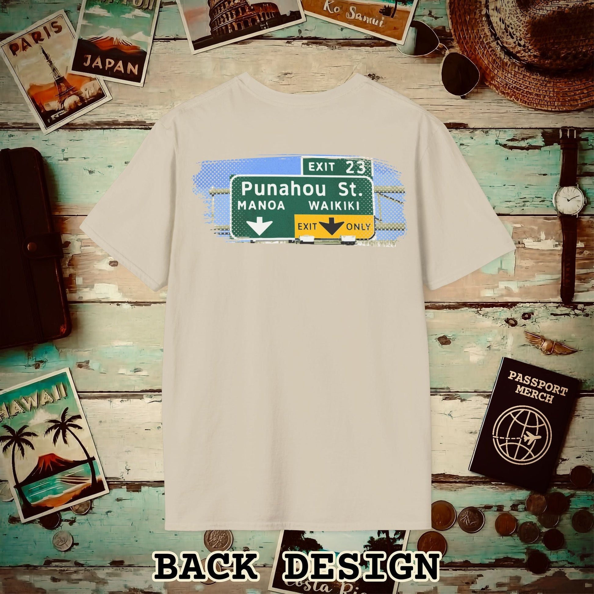 Signs of Wanderlust, Waikiki, Exit Only, Hawaii Back Print T-Shirt Sand / S