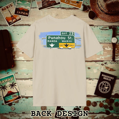Signs of Wanderlust, Waikiki, Exit Only, Hawaii Back Print T-Shirt Sand / S
