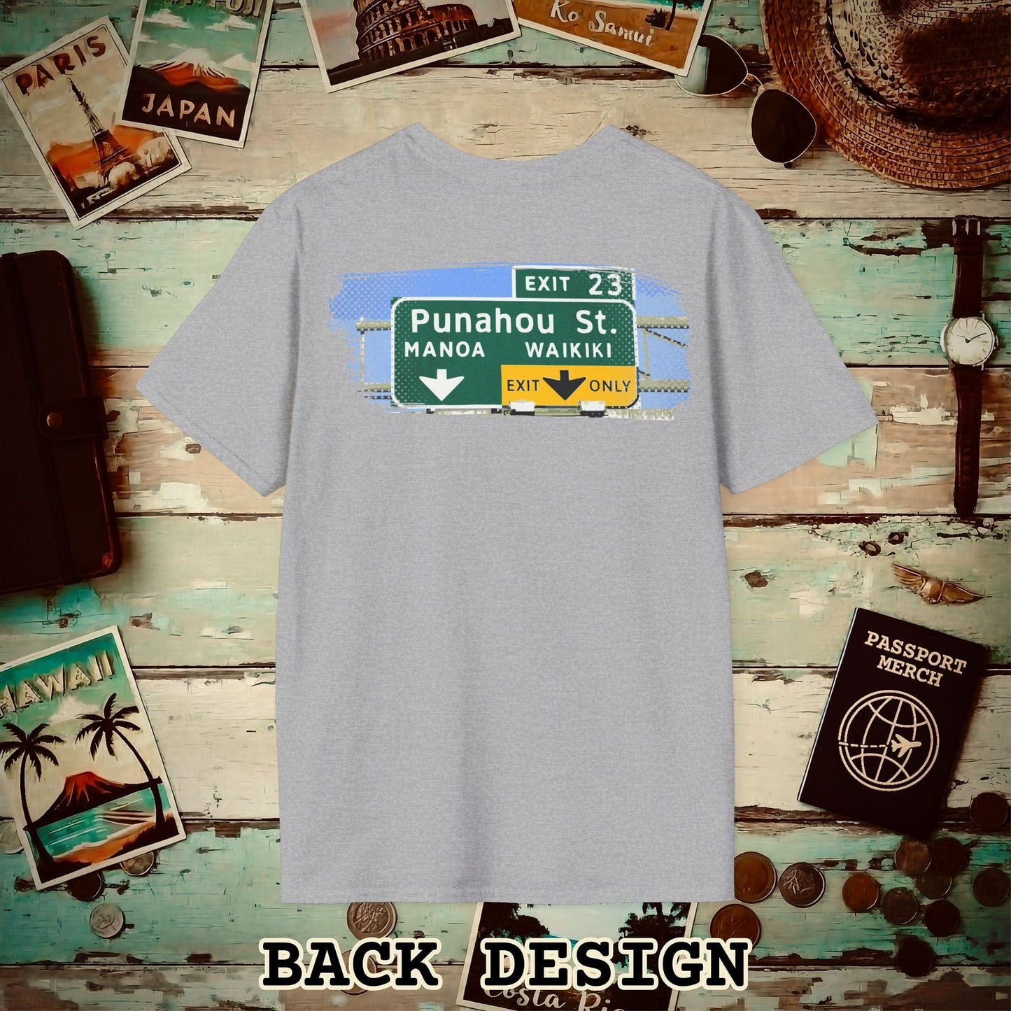 Signs of Wanderlust, Waikiki, Exit Only, Hawaii Back Print T-Shirt Sport Grey / S
