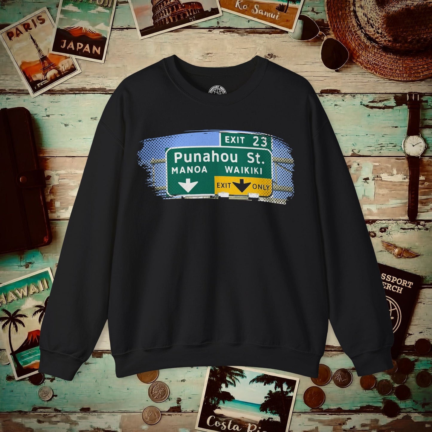 Signs of Wanderlust, Waikiki, Exit Only, Hawaii Crewneck Black / S