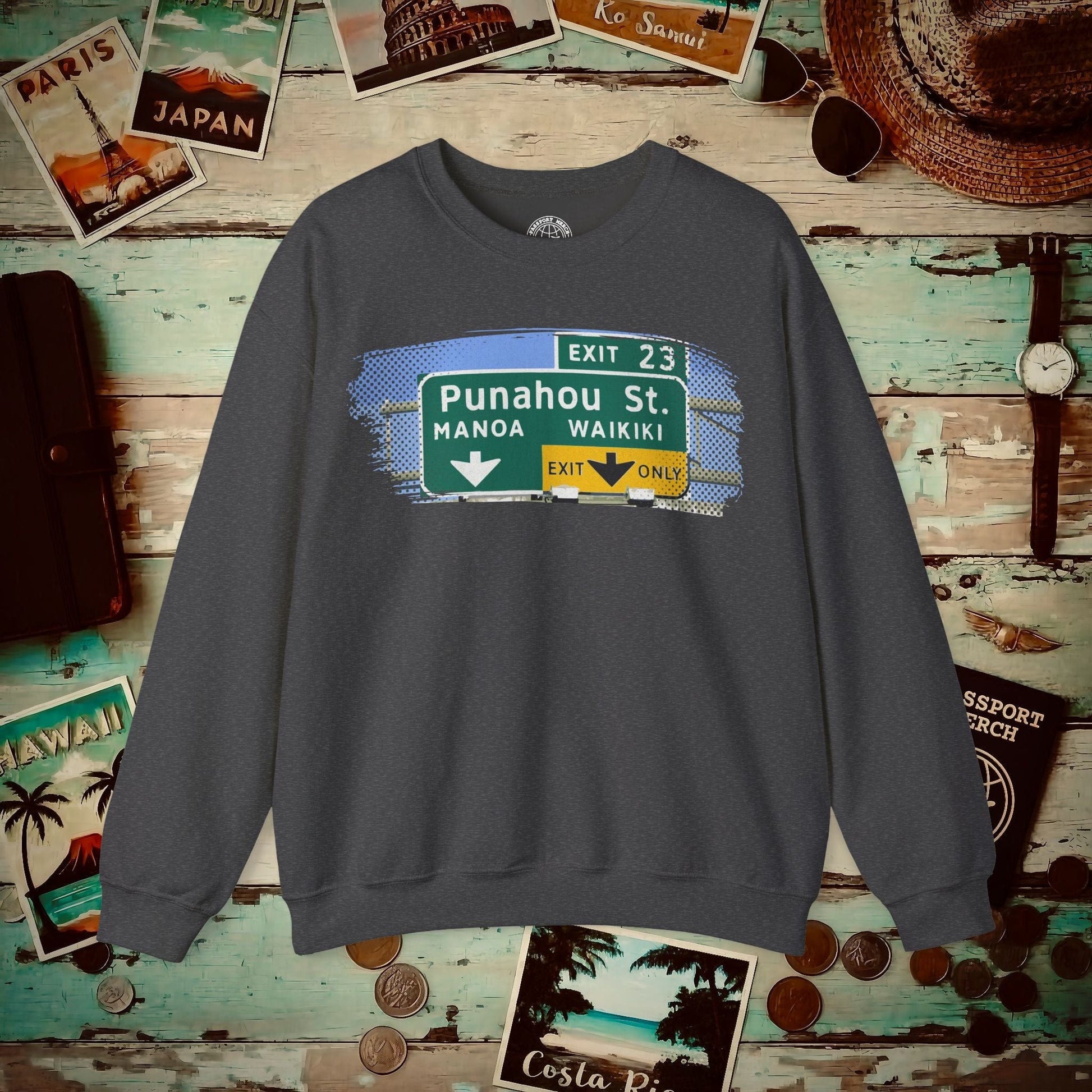 Signs of Wanderlust, Waikiki, Exit Only, Hawaii Crewneck Dark Heather / S