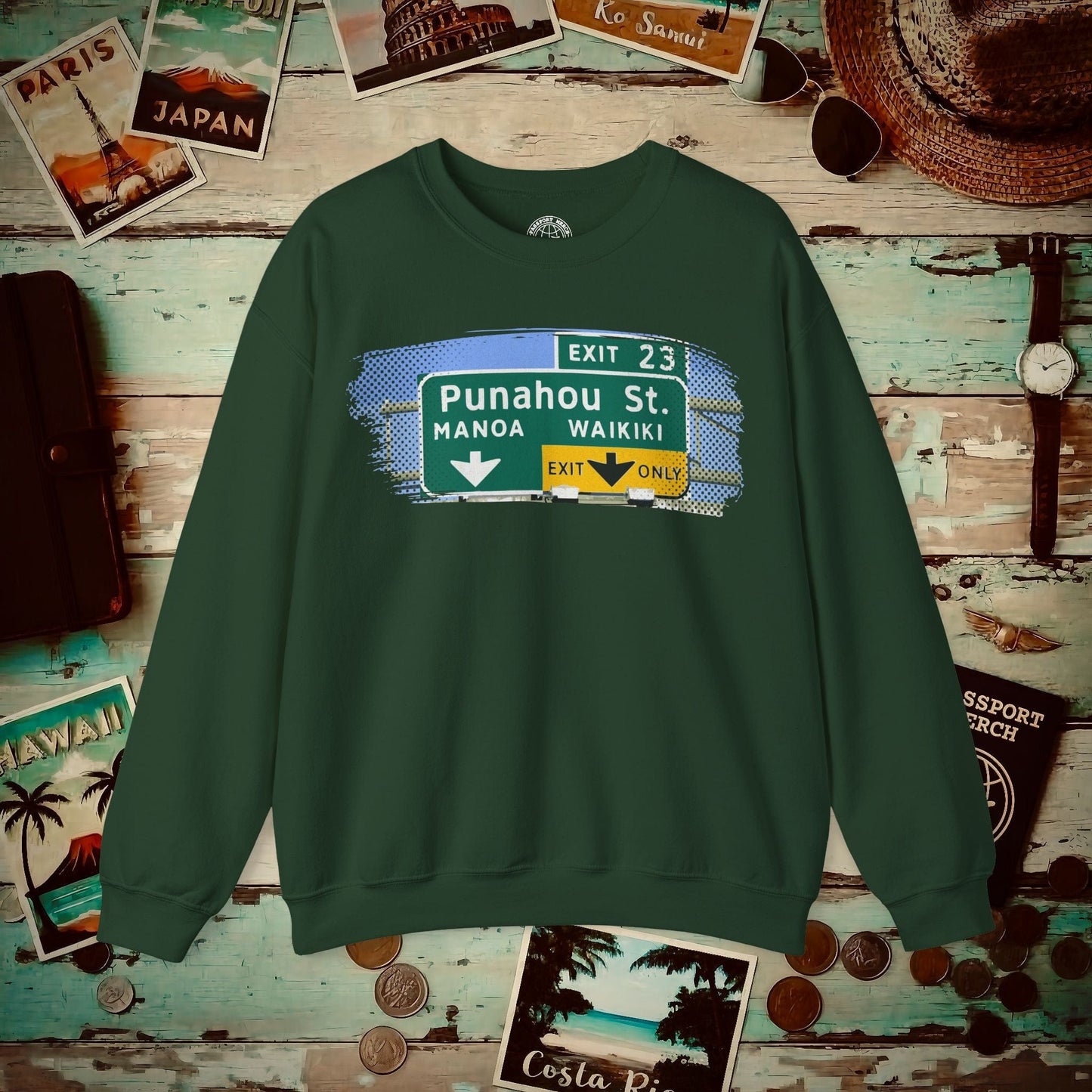 Signs of Wanderlust, Waikiki, Exit Only, Hawaii Crewneck Forest Green / S