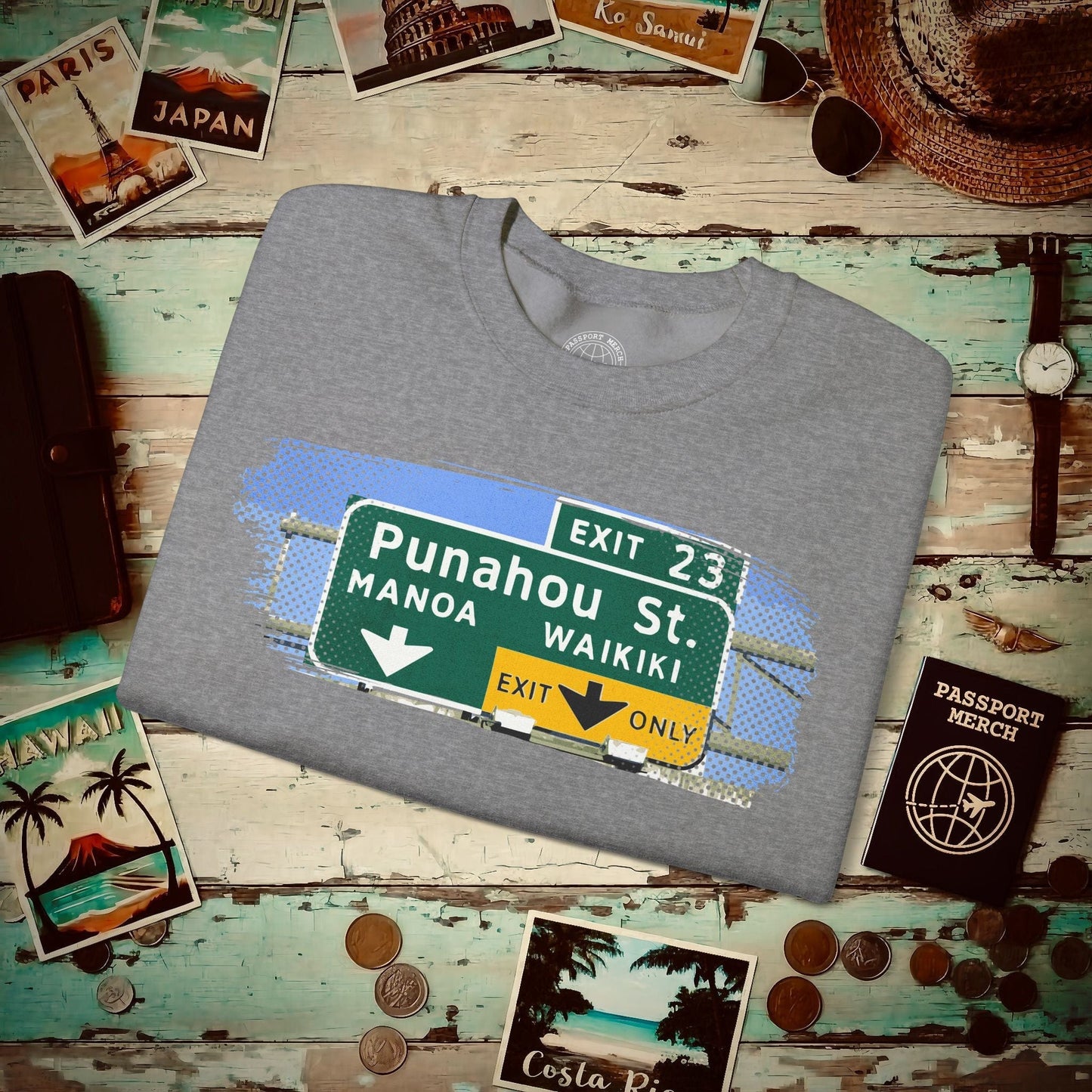 Signs of Wanderlust, Waikiki, Exit Only, Hawaii Crewneck Graphite Heather / S