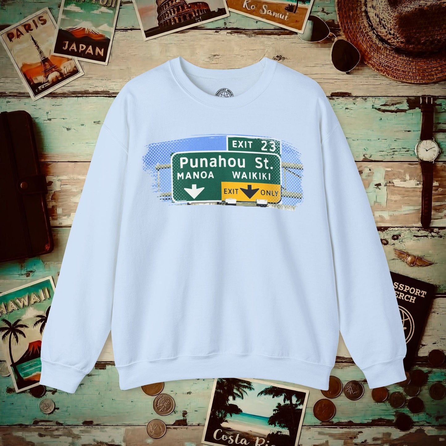 Signs of Wanderlust, Waikiki, Exit Only, Hawaii Crewneck Light Blue / S