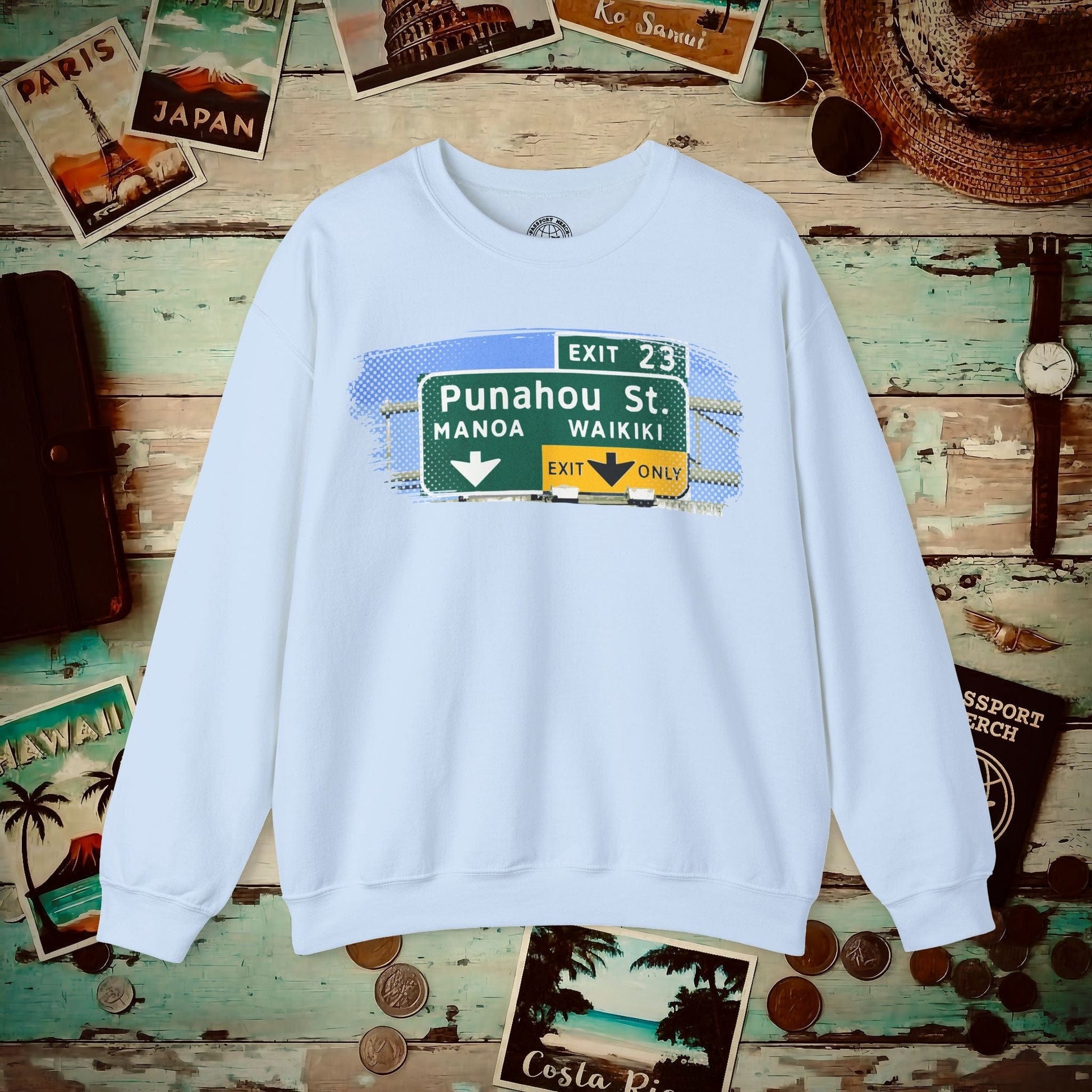Signs of Wanderlust, Waikiki, Exit Only, Hawaii Crewneck Light Blue / S