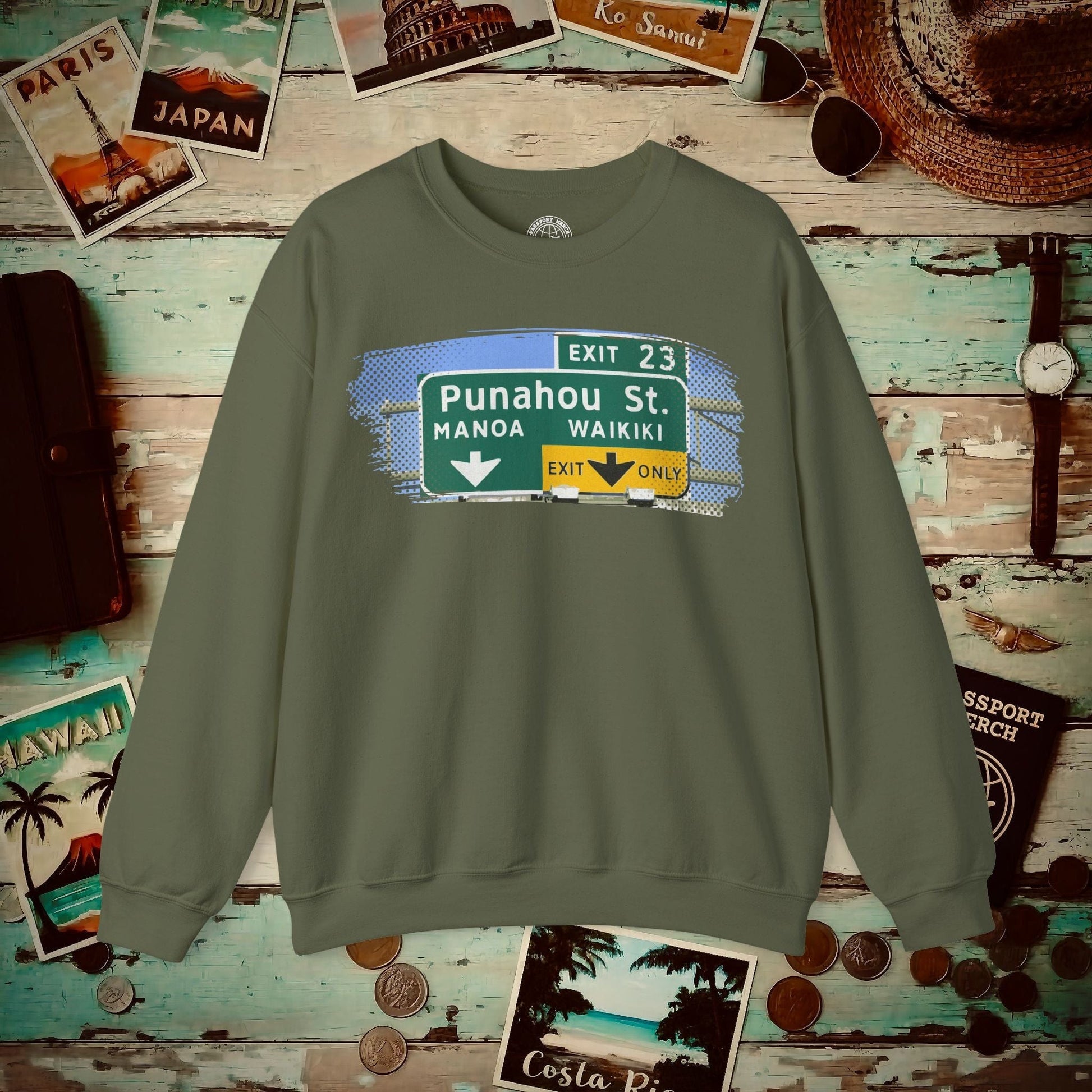 Signs of Wanderlust, Waikiki, Exit Only, Hawaii Crewneck Military Green / S