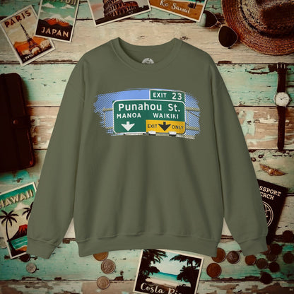 Signs of Wanderlust, Waikiki, Exit Only, Hawaii Crewneck Military Green / S