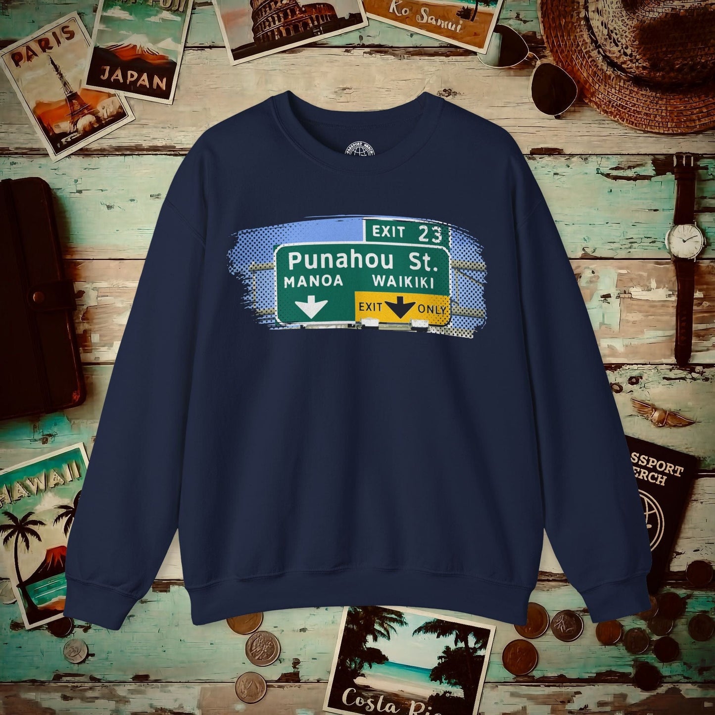 Signs of Wanderlust, Waikiki, Exit Only, Hawaii Crewneck Navy / S
