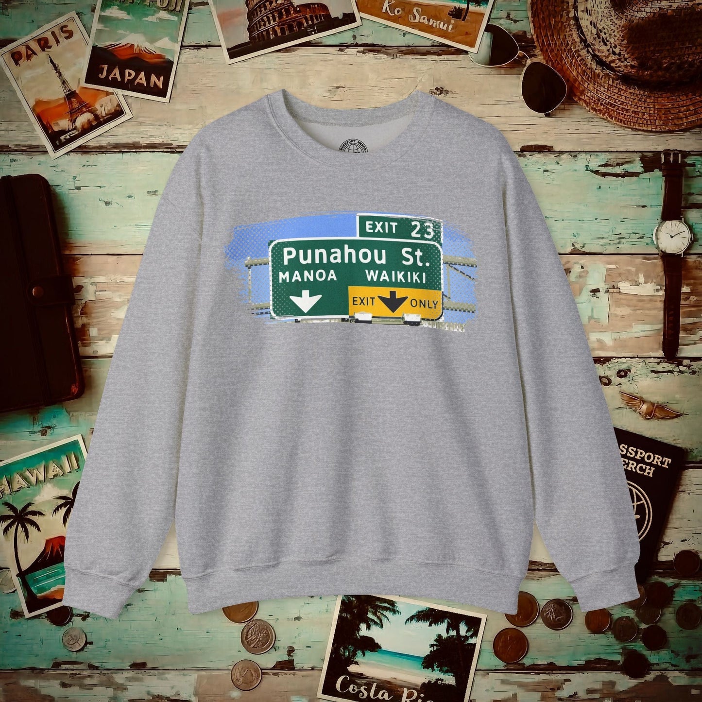 Signs of Wanderlust, Waikiki, Exit Only, Hawaii Crewneck Sport Grey / S