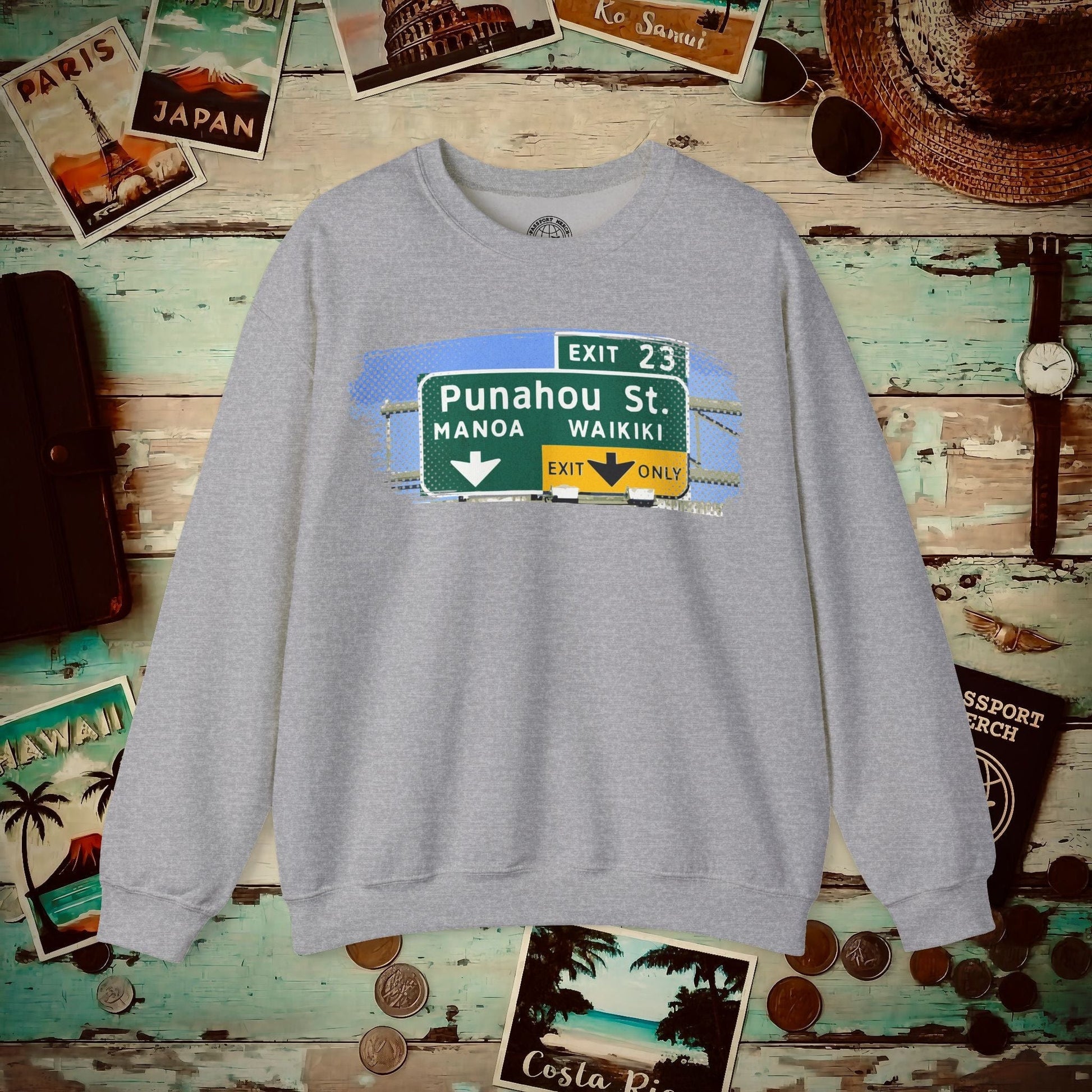 Signs of Wanderlust, Waikiki, Exit Only, Hawaii Crewneck Sport Grey / S