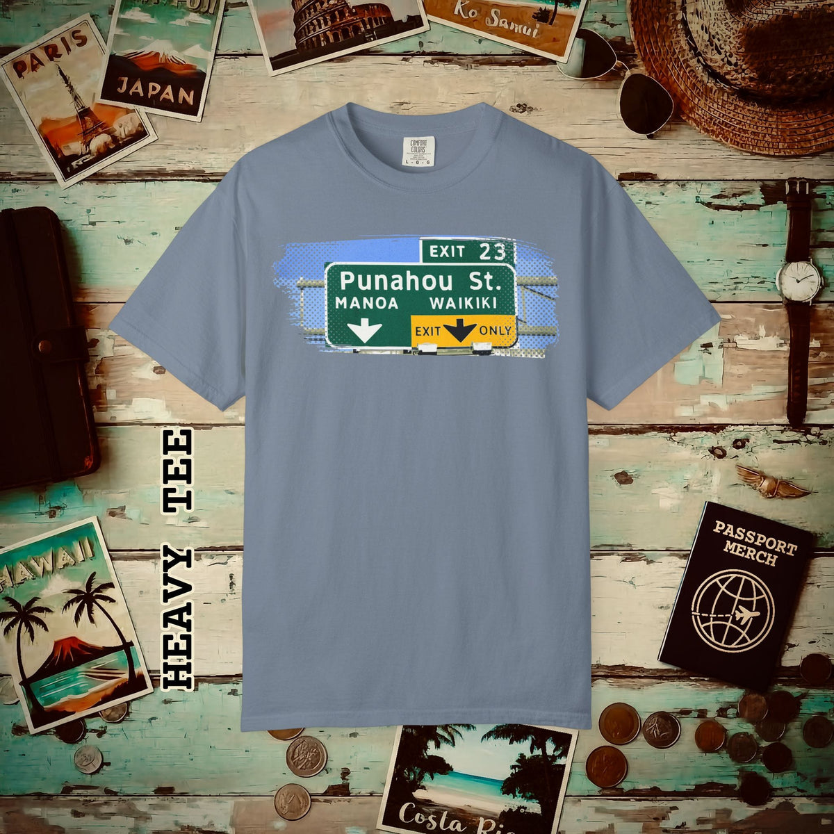 Signs of Wanderlust, Waikiki, Exit Only, Hawaii Heavy Tee Blue Jean / S