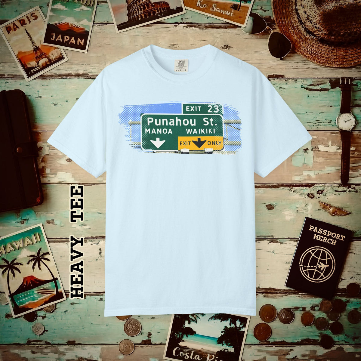 Signs of Wanderlust, Waikiki, Exit Only, Hawaii Heavy Tee Chambray / S