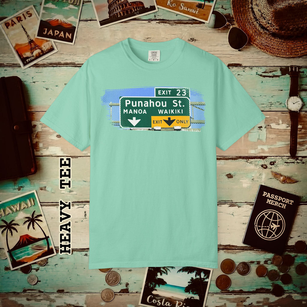 Signs of Wanderlust, Waikiki, Exit Only, Hawaii Heavy Tee Island Reef / S