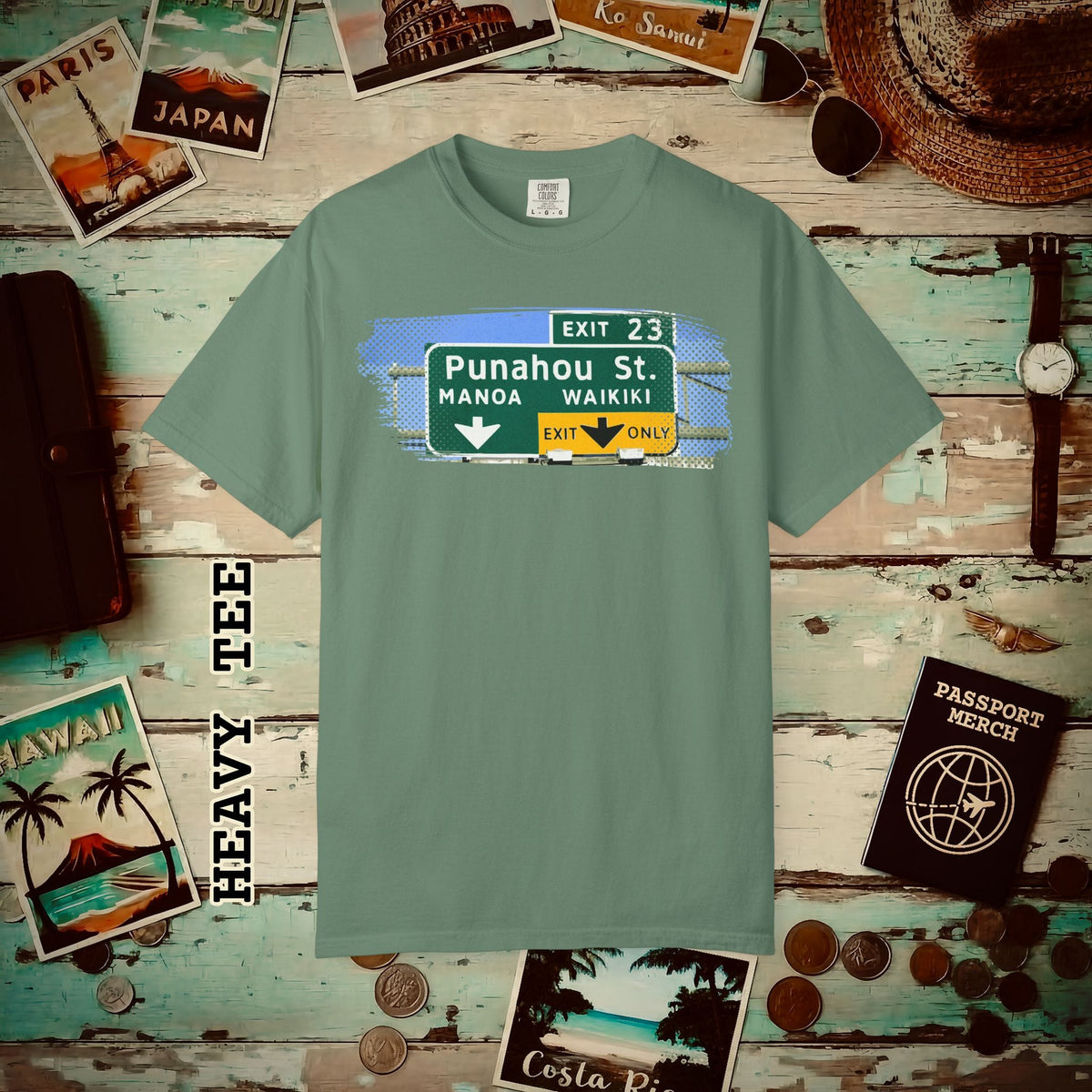 Signs of Wanderlust, Waikiki, Exit Only, Hawaii Heavy Tee Light Green / S