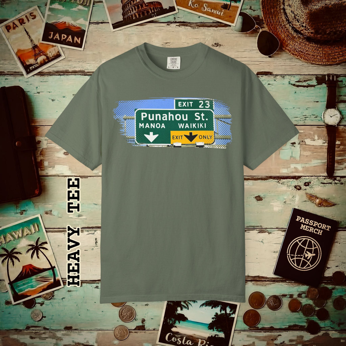 Signs of Wanderlust, Waikiki, Exit Only, Hawaii Heavy Tee Moss / S