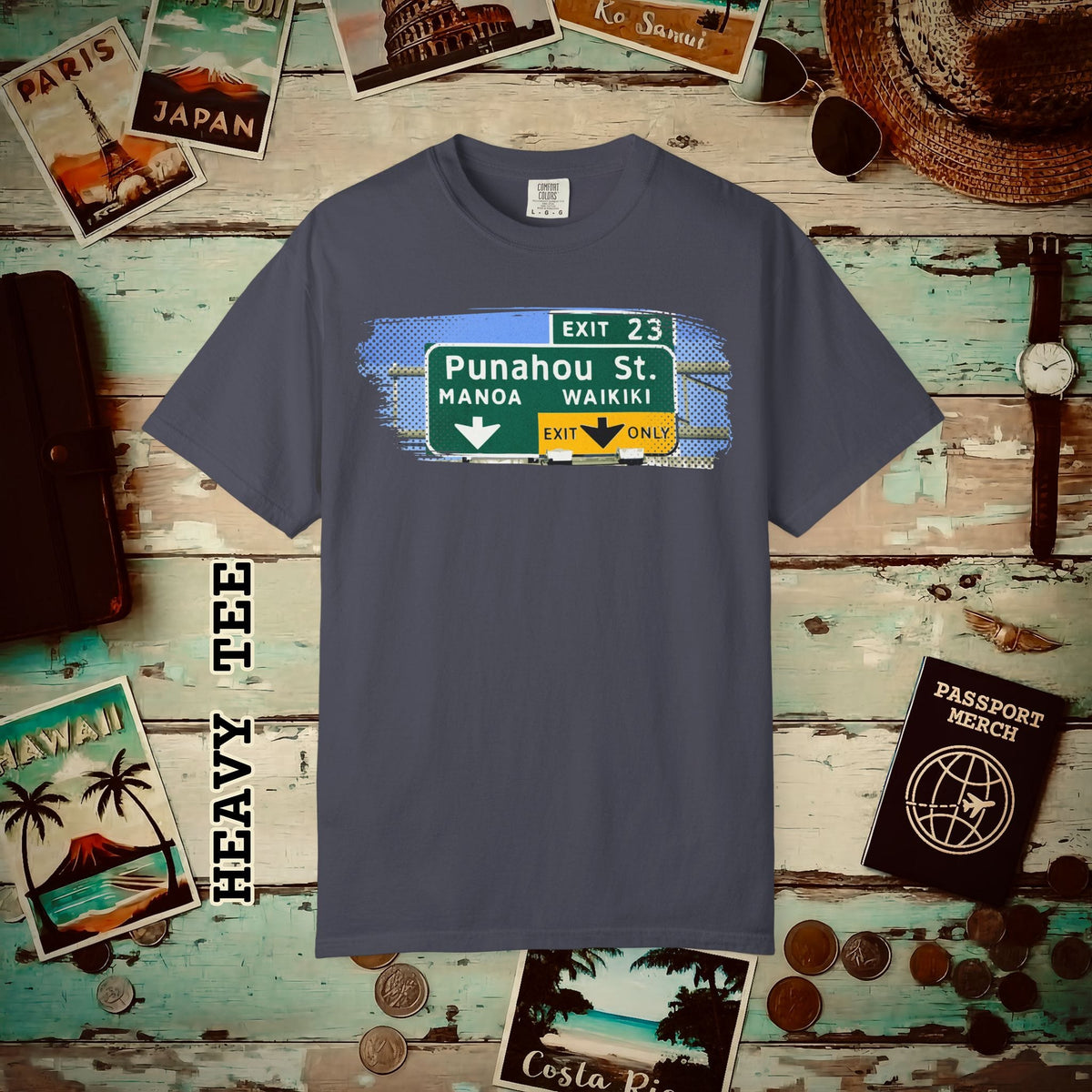Signs of Wanderlust, Waikiki, Exit Only, Hawaii Heavy Tee Navy / S