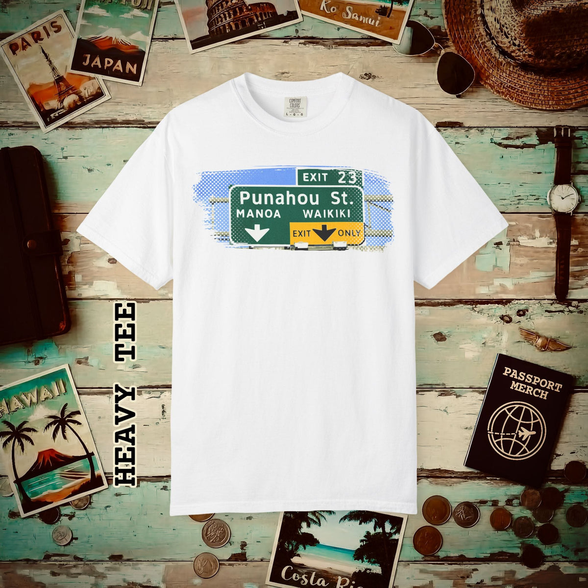 Signs of Wanderlust, Waikiki, Exit Only, Hawaii Heavy Tee White / S