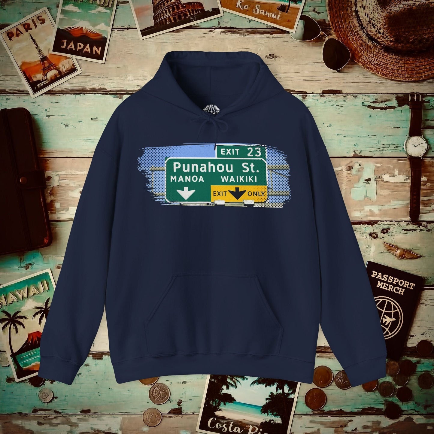 Signs of Wanderlust, Waikiki, Exit Only, Hawaii Hoodie Navy / S