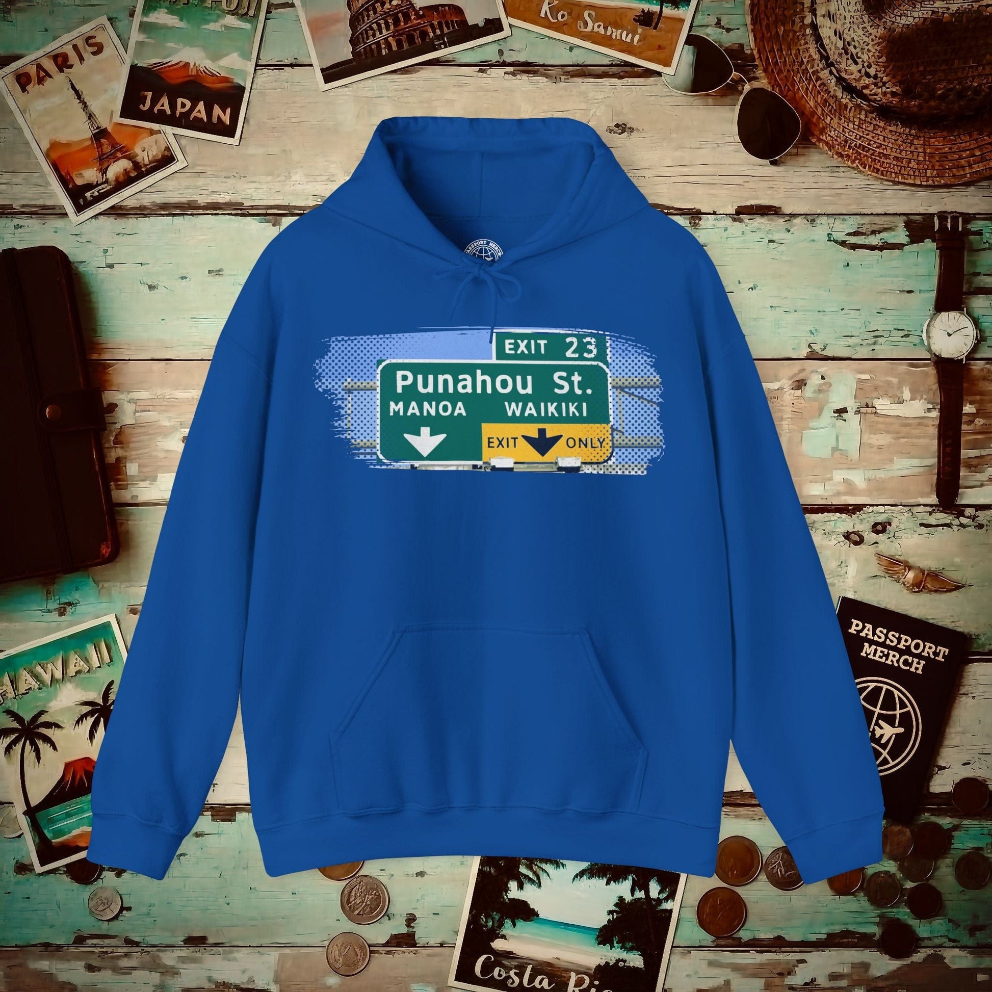 Signs of Wanderlust, Waikiki, Exit Only, Hawaii Hoodie Royal / S