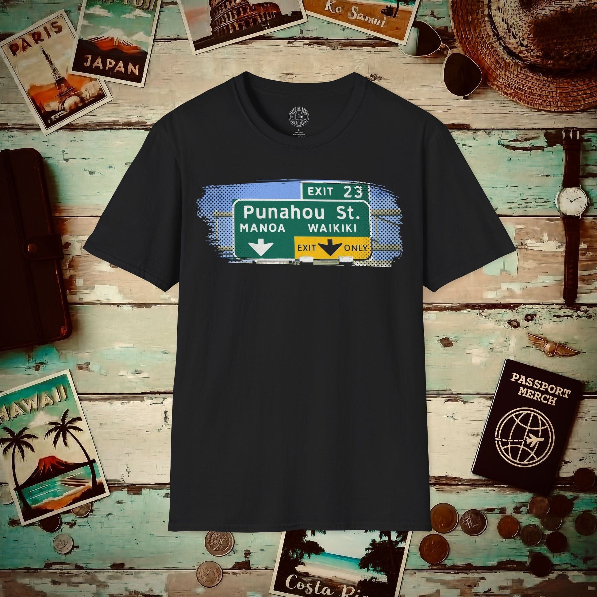 Signs of Wanderlust, Waikiki, Exit Only, Hawaii T-Shirt Black / S