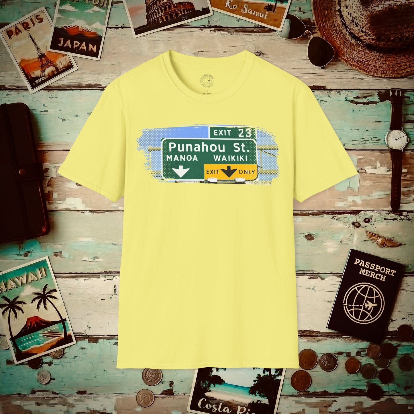 Signs of Wanderlust, Waikiki, Exit Only, Hawaii T-Shirt Cornsilk / S