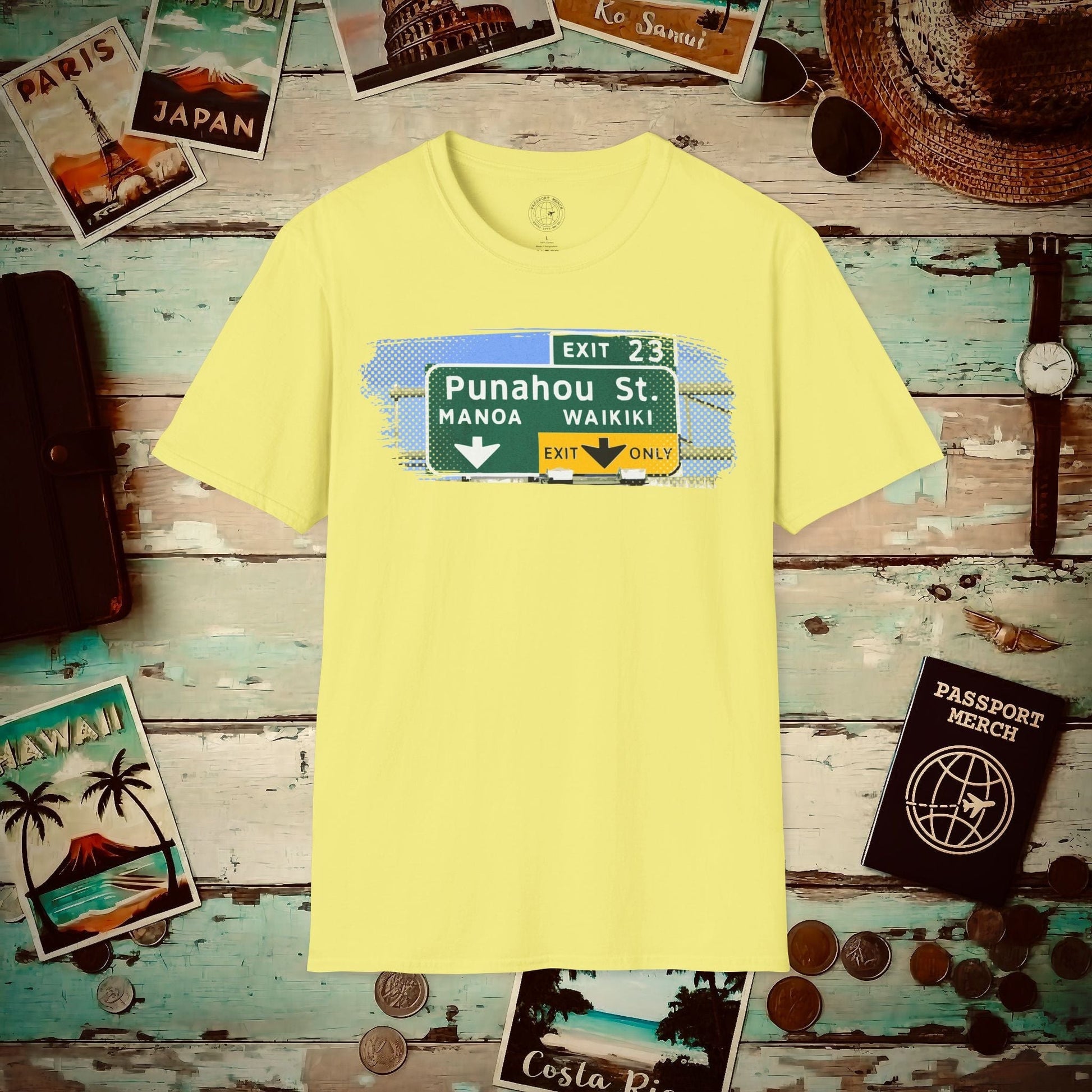 Signs of Wanderlust, Waikiki, Exit Only, Hawaii T-Shirt Cornsilk / S