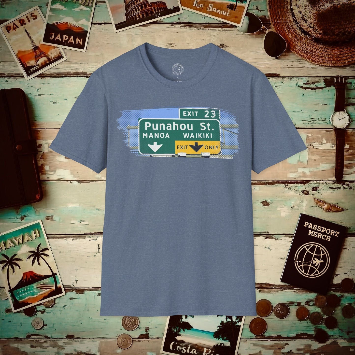 Signs of Wanderlust, Waikiki, Exit Only, Hawaii T-Shirt Heather Indigo / S