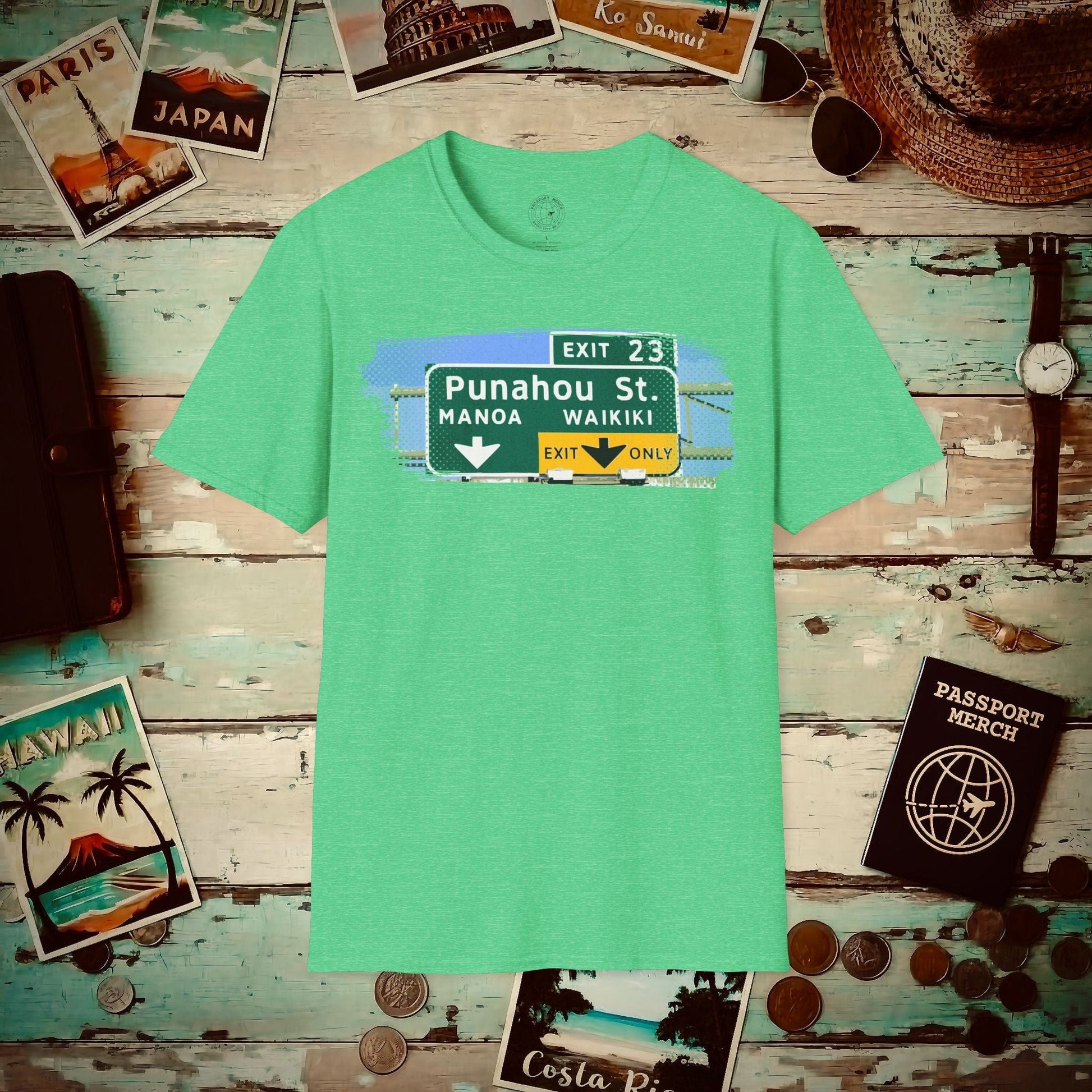 Signs of Wanderlust, Waikiki, Exit Only, Hawaii T-Shirt Heather Irish Green / S