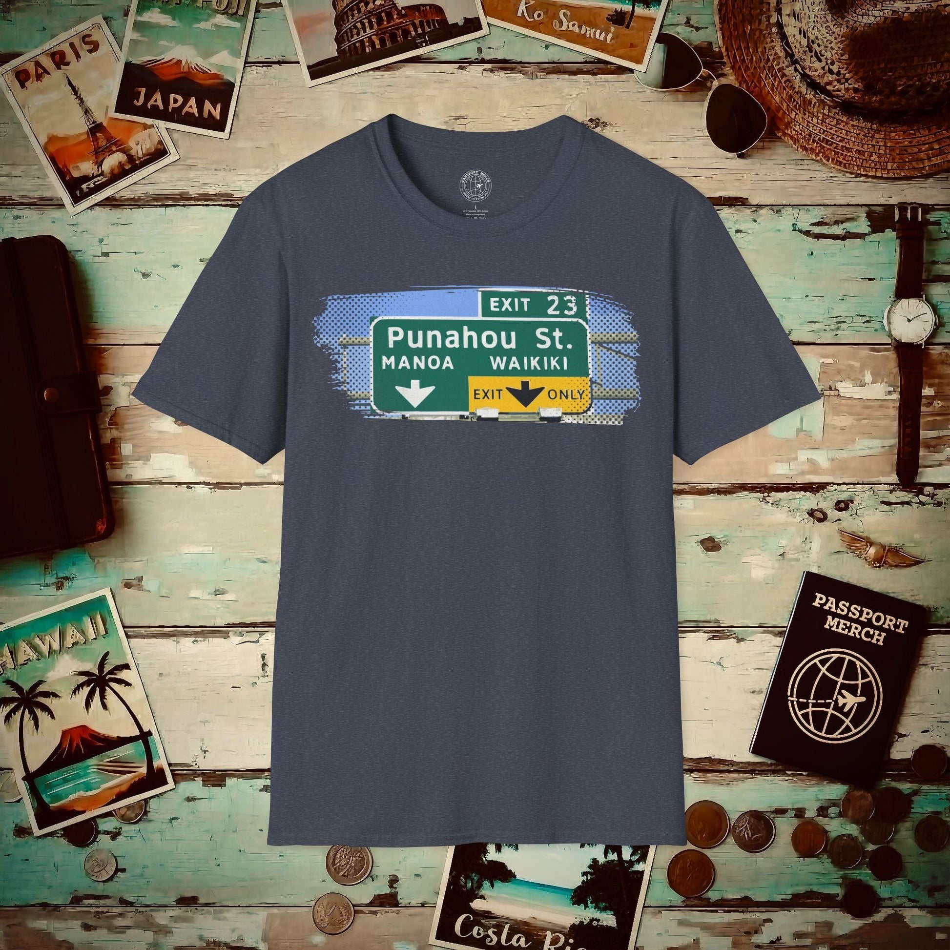 Signs of Wanderlust, Waikiki, Exit Only, Hawaii T-Shirt Heather Navy / S