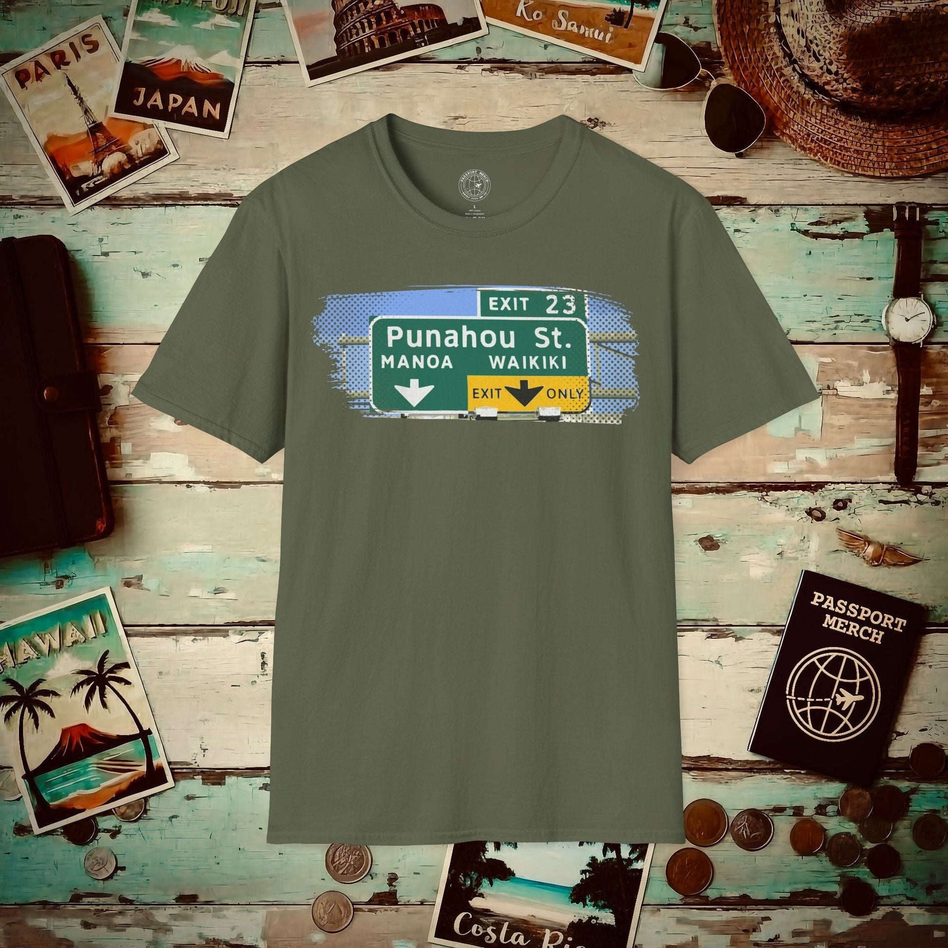 Signs of Wanderlust, Waikiki, Exit Only, Hawaii T-Shirt Military Green / S