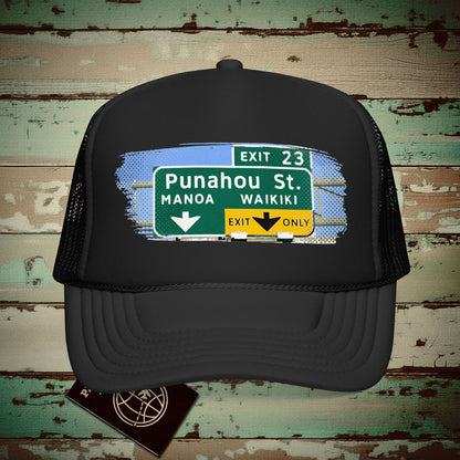 Signs of Wanderlust, Waikiki, Exit Only, Hawaii Trucker Hat Black / One size