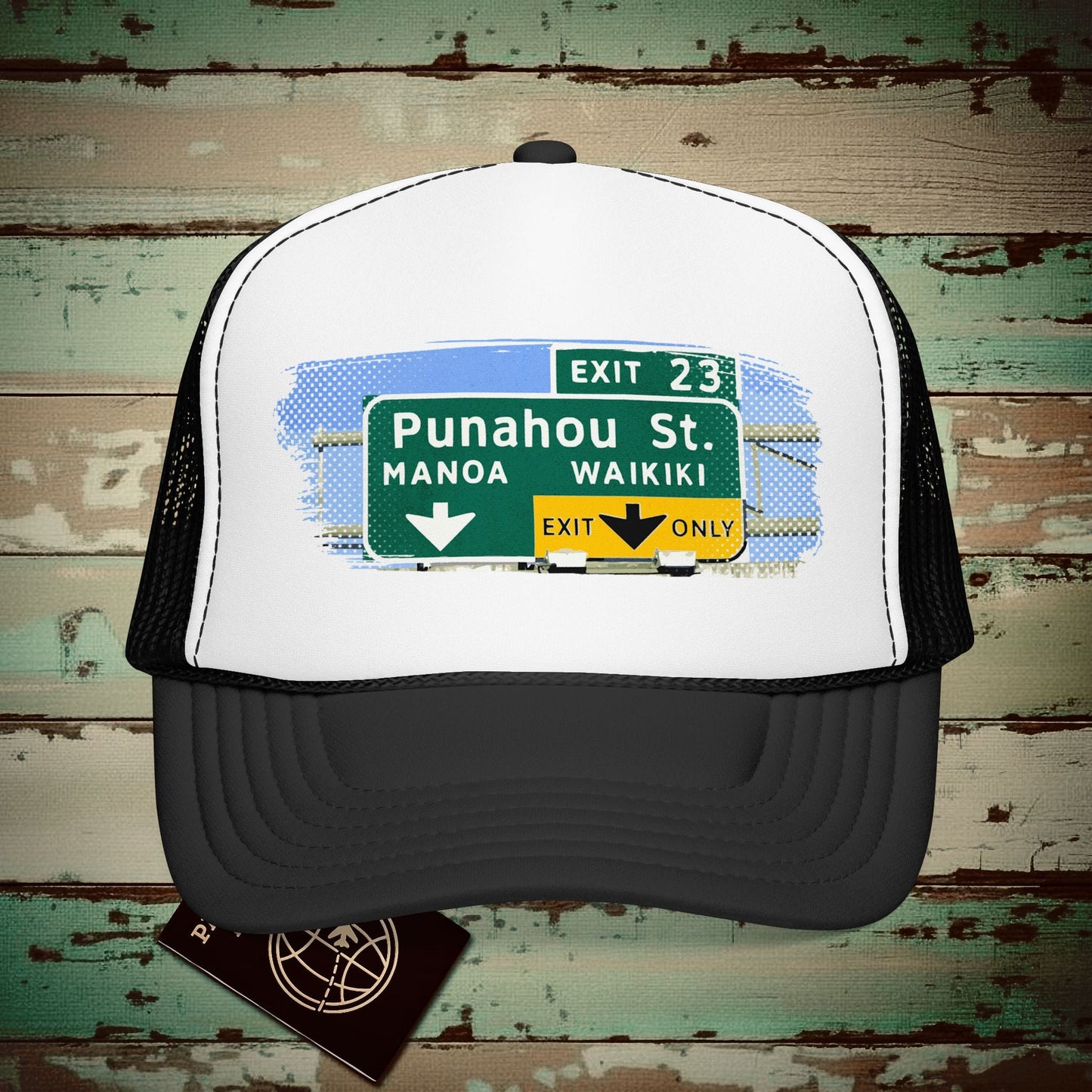 Signs of Wanderlust, Waikiki, Exit Only, Hawaii Trucker Hat Black/White / One size