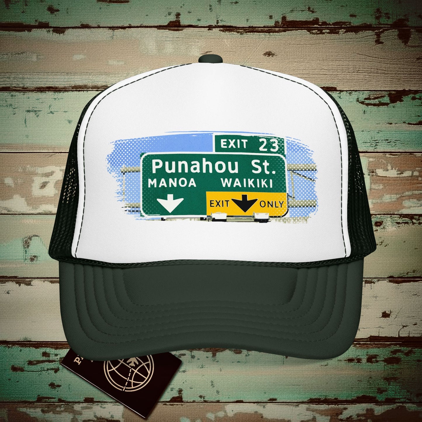 Signs of Wanderlust, Waikiki, Exit Only, Hawaii Trucker Hat Dark Green / White / Dark Green / One size