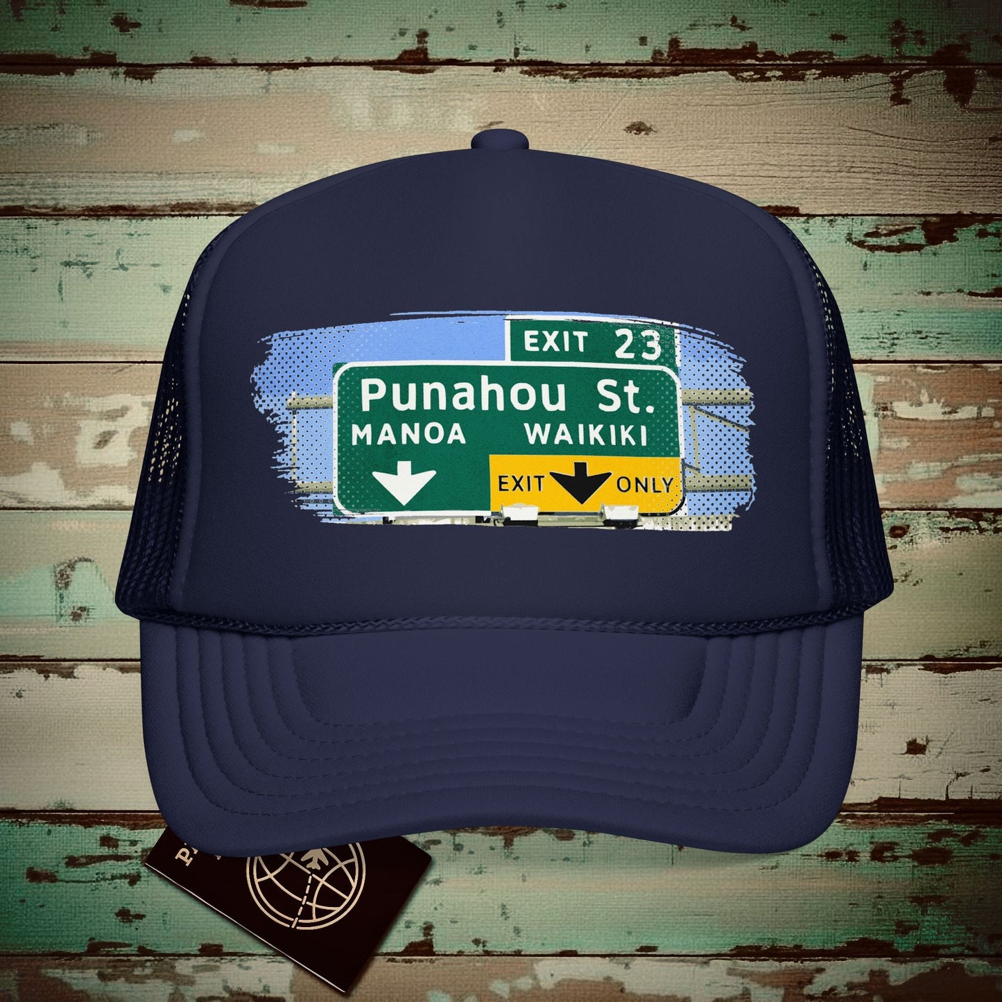 Signs of Wanderlust, Waikiki, Exit Only, Hawaii Trucker Hat Dark Navy / One size