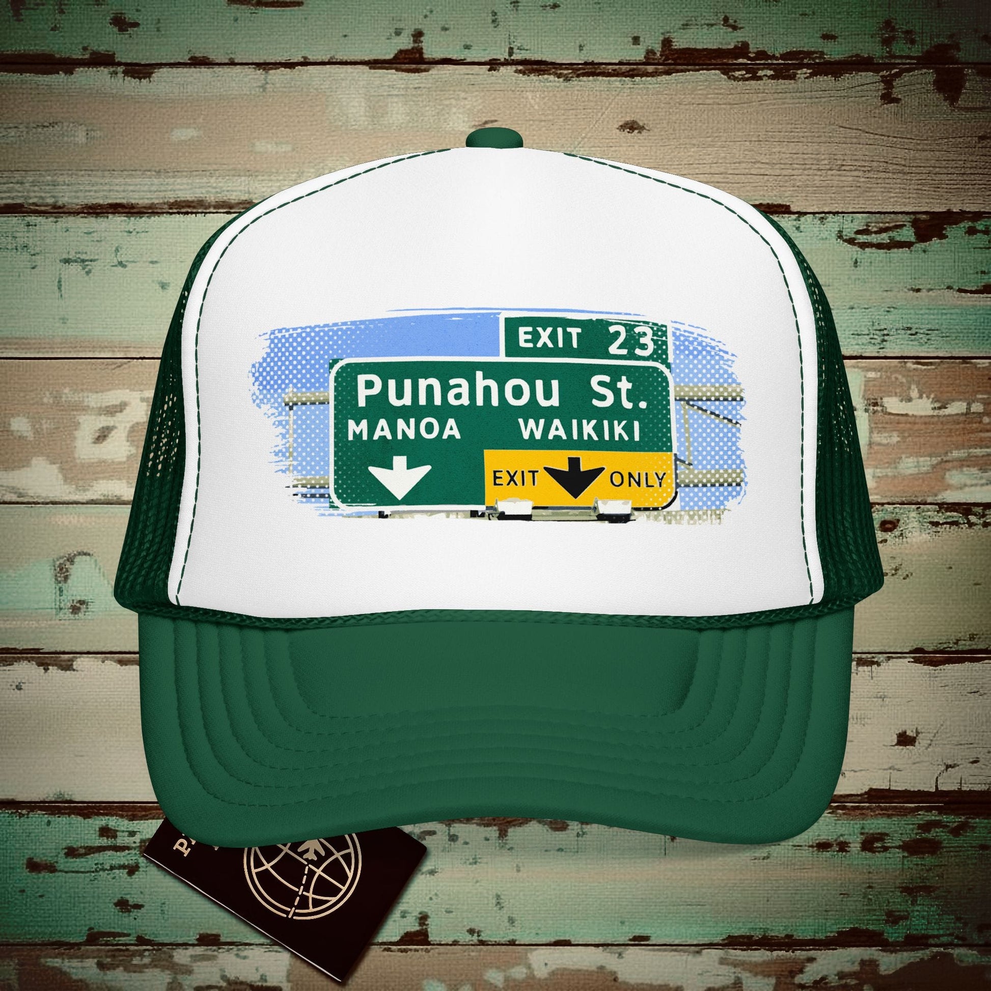 Signs of Wanderlust, Waikiki, Exit Only, Hawaii Trucker Hat Kelly/ White/ Kelly / One size