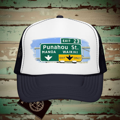 Signs of Wanderlust, Waikiki, Exit Only, Hawaii Trucker Hat Navy / White / Navy / One size