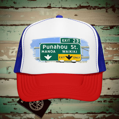 Signs of Wanderlust, Waikiki, Exit Only, Hawaii Trucker Hat Red / White / Royal / One size